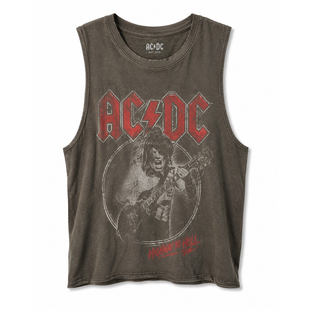 Lucky Brand AC/DC Muscle Tank Small Gray Cotton Graphic Rock Band Distressed Top